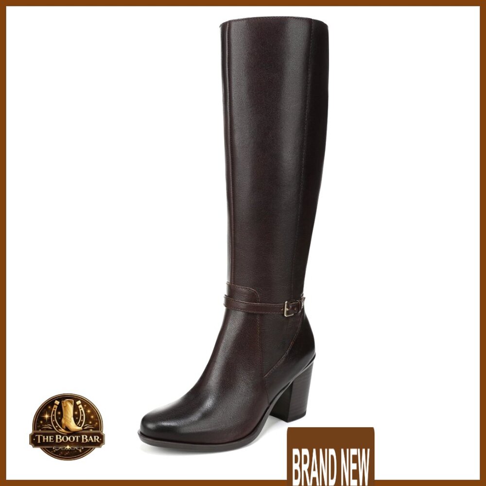 Leather Tall Boots Wraparound Strap Side Zip Comfort Heel Elegant Versatile